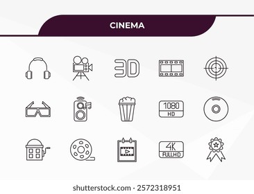 fully editable outline icon collection from cinema concept. thin line icons set such as headphone, movie camera, 3d glass, 4k fullhd, award,