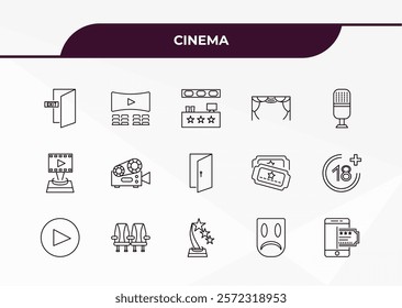 fully editable outline icon collection from cinema concept. thin line icons set such as cinema exit, movie theatre, film award, sad mask, buy tickets online,