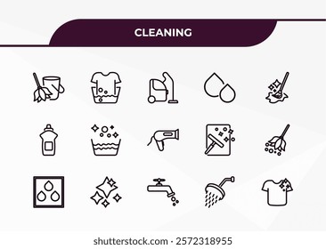 fully editable outline icon collection from cleaning concept. thin line icons set such as housekeeping, washing clothes, dishwashing detergent, shower head, clothes cleaning,