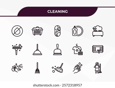 fully editable outline icon collection from cleaning concept. thin line icons set such as no water cleanin, dumpster, glass cleaner, hand washing, charwoman,