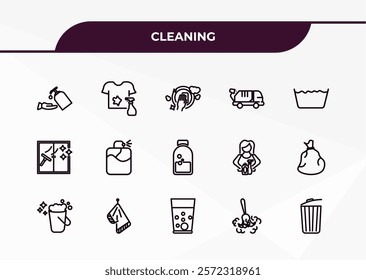 fully editable outline icon collection from cleaning concept. thin line icons set such as sterilization, stain remover, cleaning window, duster, bin,