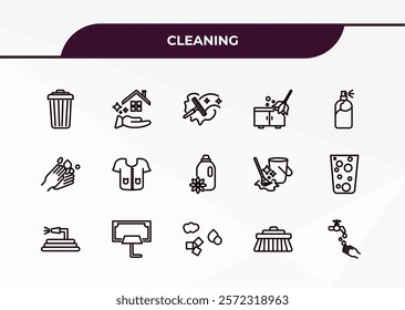 fully editable outline icon collection from cleaning concept. thin line icons set such as garbage, clean-living, hand wash, scrub brush, washing hand,