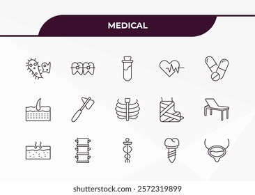 fully editable outline icon collection from medical concept. thin line icons set such as bacteria, braces, dermis, implants, bladder,