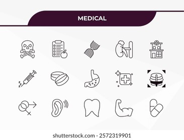 fully editable outline icon collection from medical concept. thin line icons set such as skull and bone, nutrionist, anesthesia, strong, medicine capsules,