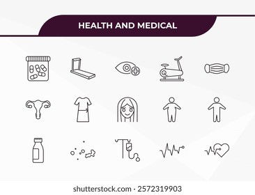 fully editable outline icon collection from health and medical concept. thin line icons set such as antibiotics, treadmill, uterus, pulse, cardiology,