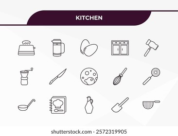 fully editable outline icon collection from kitchen concept. thin line icons set such as toaster, coffee pot, coffee grinder, paddle, strainer,