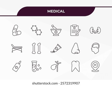 fully editable outline icon collection from medical concept. thin line icons set such as medical pill, molecular structure, hospital bed side view, molar tooth, hospital placeholder,