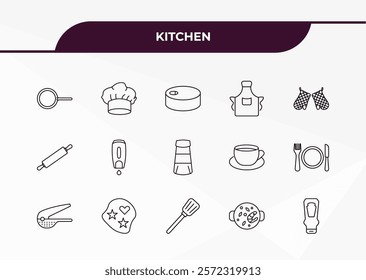 fully editable outline icon collection from kitchen concept. thin line icons set such as pan, chef hat, rolling pin, paella, ketchup,