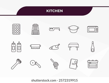 fully editable outline icon collection from kitchen concept. thin line icons set such as muffin pan, grater, sauces, recipe book, bun warmer,