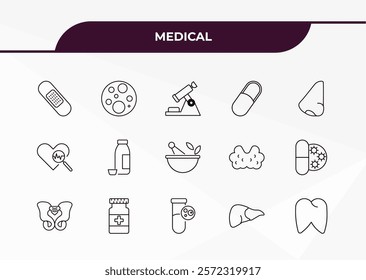 fully editable outline icon collection from medical concept. thin line icons set such as sticking plaster, cells in a circle, medical heart scan, liver, molar,