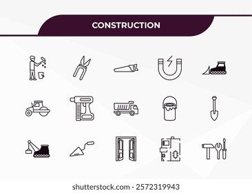 fully editable outline icon collection from construction concept. thin line icons set such as man painting, inclined clippers, steamroller, house plan, three tools,