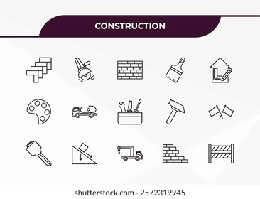 fully editable outline icon collection from construction concept. thin line icons set such as paver, grinder, pallete, birck wall, road stopper,