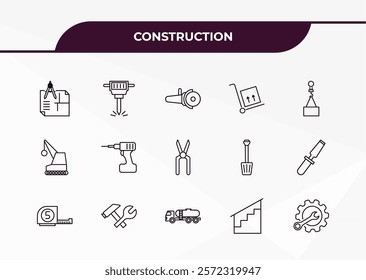 fully editable outline icon collection from construction concept. thin line icons set such as construction plan, hydraulic breaker, demolition, stairs with handle, wrench and gear,