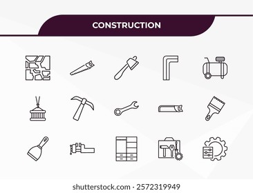 fully editable outline icon collection from construction concept. thin line icons set such as paving, big saw, derrick with pallet, tool bag, adjusment system,