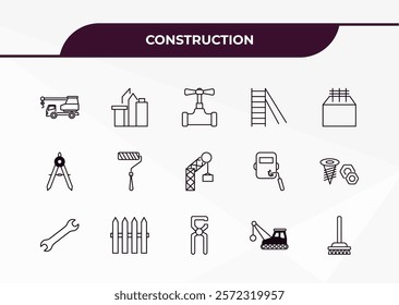 fully editable outline icon collection from construction concept. thin line icons set such as truck with crane,  , drawing compass, derrick with ball, sweeping broom,