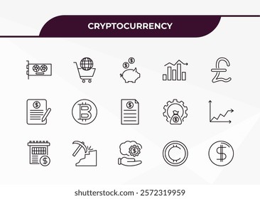 fully editable outline icon collection from cryptocurrency concept. thin line icons set such as video card, e-business, loan, cryptocurrency, coin,