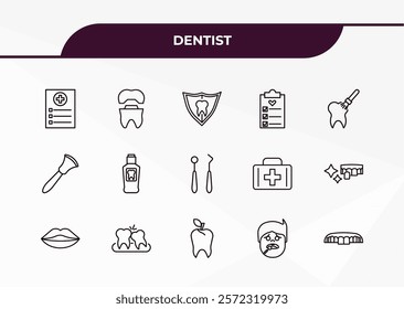 fully editable outline icon collection from dentist concept. thin line icons set such as medical list, molar crown, scraping, sick boy, dentures,