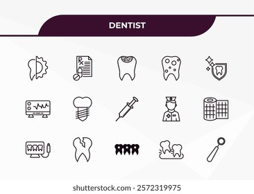 fully editable outline icon collection from dentist concept. thin line icons set such as apicoectomy, medical prescription, ekg monitor, tooth extraction, mouth mirror,