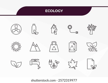 fully editable outline icon collection from ecology concept. thin line icons set such as nuclear energy, recycled bottle, sunlight, m leaf, eco paper,