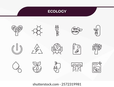 fully editable outline icon collection from ecology concept. thin line icons set such as tree with hearts, eco cell, green power, dam, bio fuel,