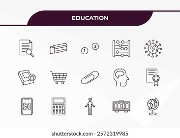 fully editable outline icon collection from education concept. thin line icons set such as searching files, eraser, favorite book, digital timer, school globe,