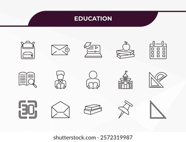 fully editable outline icon collection from education concept. thin line icons set such as school bag, new email, research with books, pushpin, right triangle,