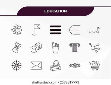 fully editable outline icon collection from education concept. thin line icons set such as atomic orbitals, location flag, sharpener, rolled diploma, cart with books,