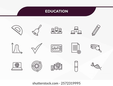 fully editable outline icon collection from education concept. thin line icons set such as semicircle with ruler, hand bell, gaussian function, full test tube, dna strand,