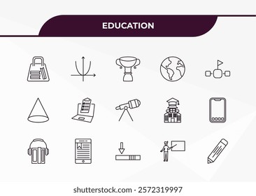 fully editable outline icon collection from education concept. thin line icons set such as bag of books, parabolic function, cone geometrical, teacher with stick, geometric pencil,