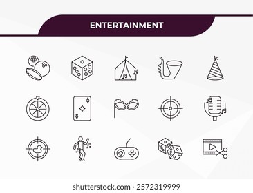 fully editable outline icon collection from entertainment concept. thin line icons set such as sports ball, dice, spinning wheel, dices, video editing,