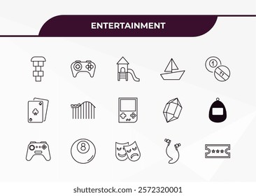 fully editable outline icon collection from entertainment concept. thin line icons set such as hopscotch, game console, card game, earphone, gold ticket,