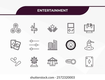 fully editable outline icon collection from entertainment concept. thin line icons set such as spinner, carousel horse, magic cards, token, diamond ace,