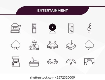 fully editable outline icon collection from entertainment concept. thin line icons set such as slot hine, arcade game, ace of spades, speedometer, curtain stage,