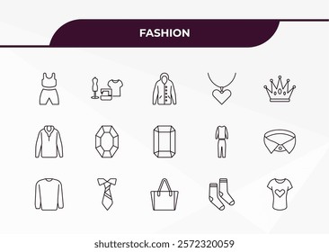 fully editable outline icon collection from fashion concept. thin line icons set such as gym clothes, tailor, sweater with hood, pair of socks, t shirt with heart,