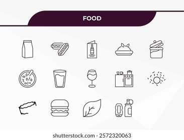 fully editable outline icon collection from food concept. thin line icons set such as pack, hotdog and bread, sugar container, leaf, condiment,