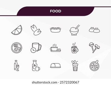 fully editable outline icon collection from food concept. thin line icons set such as lemon slice, pistachio, hainanese chicken, fresh smoothie, red bean soup,