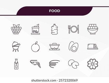 fully editable outline icon collection from food concept. thin line icons set such as raspberry leaf, stew, grill, fortune cookie, king cake,