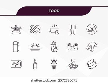 fully editable outline icon collection from food concept. thin line icons set such as scale balanced tool, pretzel, thermo flask, pasta, ribs,