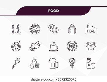 fully editable outline icon collection from food concept. thin line icons set such as brochette, wonton noodles, winter melon soup, jawbreaker, drink water,