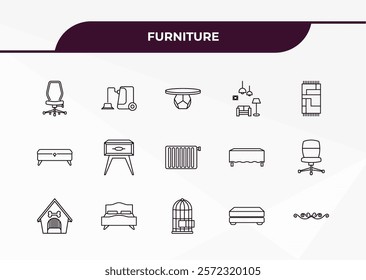 fully editable outline icon collection from furniture concept. thin line icons set such as office chair, carpet sweeper, ottoman, footstool, adornment,