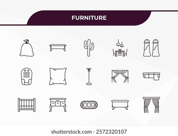 fully editable outline icon collection from furniture concept. thin line icons set such as garbage bags, desk, dehumidifier, bath, curtains,