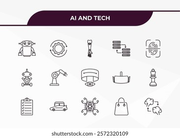 fully editable outline icon collection from ai and tech concept. thin line icons set such as shop assistant, processing, laws of robotics, shopping bag, mind transfer,