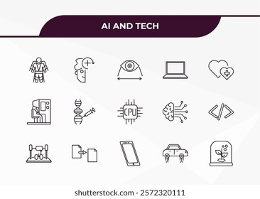 fully editable outline icon collection from ai and tech concept. thin line icons set such as exoskeleton, deformity, sensorama, hover transport, artificial atmosphere,