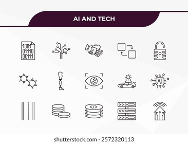 fully editable outline icon collection from ai and tech concept. thin line icons set such as binary, technology tree, graphene, servers, smart home,