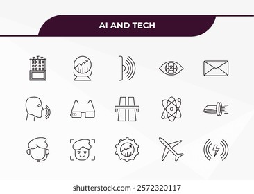 fully editable outline icon collection from ai and tech concept. thin line icons set such as difference engine, prediction, speech, aeroplane, wireless charging,