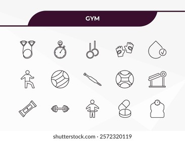 fully editable outline icon collection from gym concept. thin line icons set such as resistance band, big stopwatch, stretching leg exercise, pill and tablet, weighing scale,