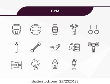 fully editable outline icon collection from gym concept. thin line icons set such as  , headgear, gymnastic rings, boxing mannequin, isotonic,