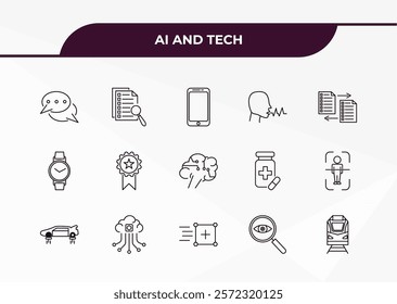 fully editable outline icon collection from ai and tech concept. thin line icons set such as speech bubble, evaluation, wristwatch, detection, train,