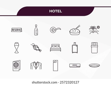 fully editable outline icon collection from hotel concept. thin line icons set such as reservation, champagne, wine glass, air conditioner, dish,