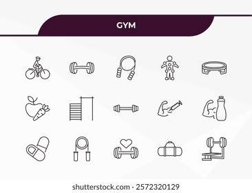 fully editable outline icon collection from gym concept. thin line icons set such as riding bicycle, barbell weightlifting, carrot and, gym bag, barbell bench press,